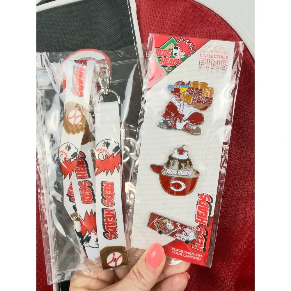 Cincinnati Reds Heads Kids Club Backpack Lanyard and Pins Set Red Black Baseball